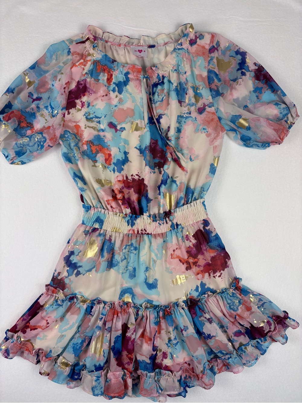 Buddy Love Floral Ruffle whimsy Dress in Pink, Blue & Gold women’s XS